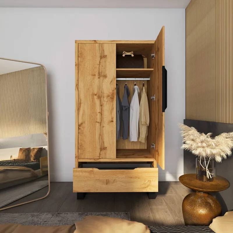 Halle Garderobe 99 cm med 2 Dører og 1 Skuff i Eik - Beige - Oppbevaring - Klesoppbevaring - Garderober & garderobesystem