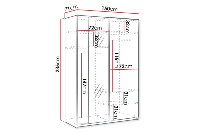 Haruna Garderobeskap med Speil 150x235 cm - Hvit - Oppbevaring - Klesoppbevaring - Garderober & garderobesystem