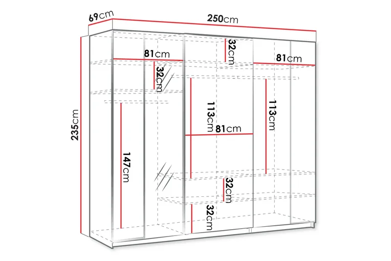 Haruna Garderobeskap med Speil 250x235 cm - Hvit - Oppbevaring - Klesoppbevaring - Garderober & garderobesystem