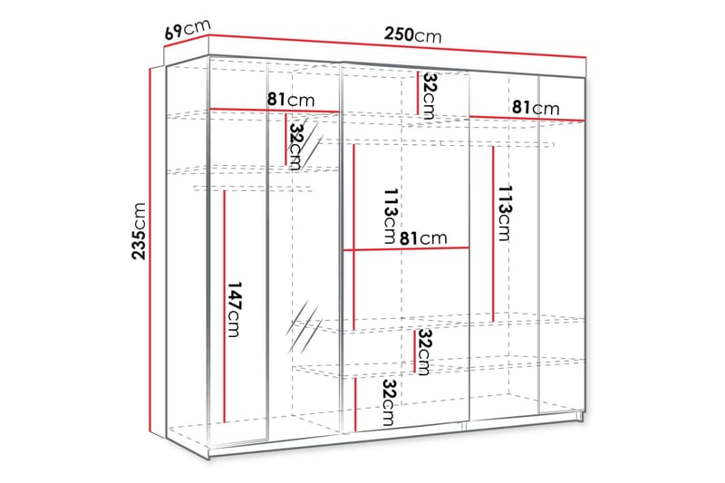 Haruna Garderobeskap med Speil 250x235 cm - Hvit - Oppbevaring - Klesoppbevaring - Garderober & garderobesystem