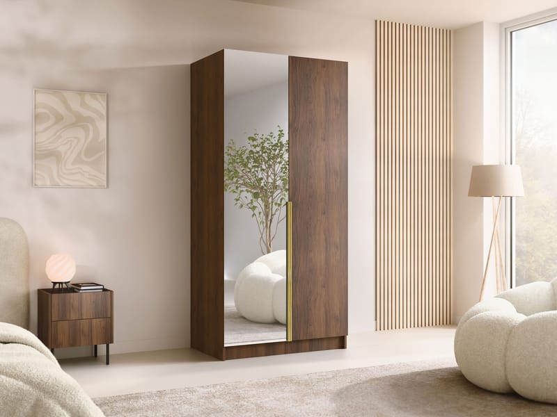 Herrljunga Garderob med Speil 100x215 cm - Brun/Gull/Speil - Oppbevaring - Klesoppbevaring - Garderober & garderobesystem