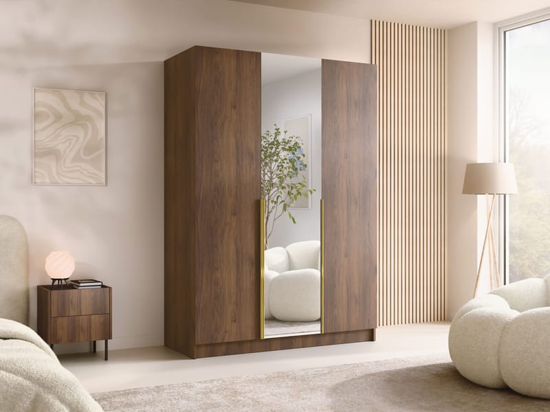 Herrljunga Garderob med Speil 150x215 cm - Brun/Gull/Speil - Oppbevaring - Klesoppbevaring - Garderober & garderobesystem