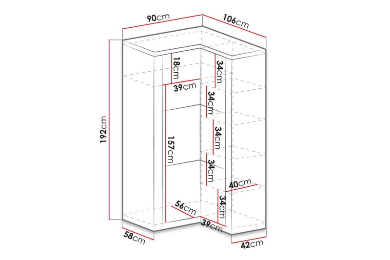 Indianapolis Garderobe 106x58x192 cm - Hjørnegarderobe