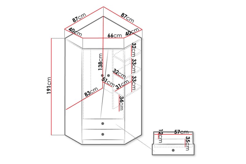 Nero Garderobe 87 cm - Natur/Hvit - Hjørnegarderobe