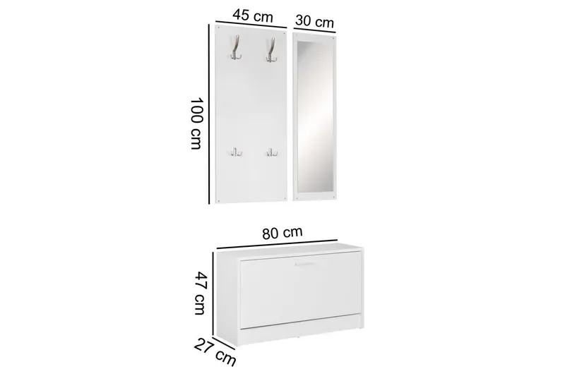 Garderobe Wohnling Vegghengt knaggrekke med speil, skohylle, sponplate, moderne Hvit - Hvit - Oppbevaring - Klesoppbevaring - Garderober & garderobesystem - Innredning garderobe - Skohylle garderobe