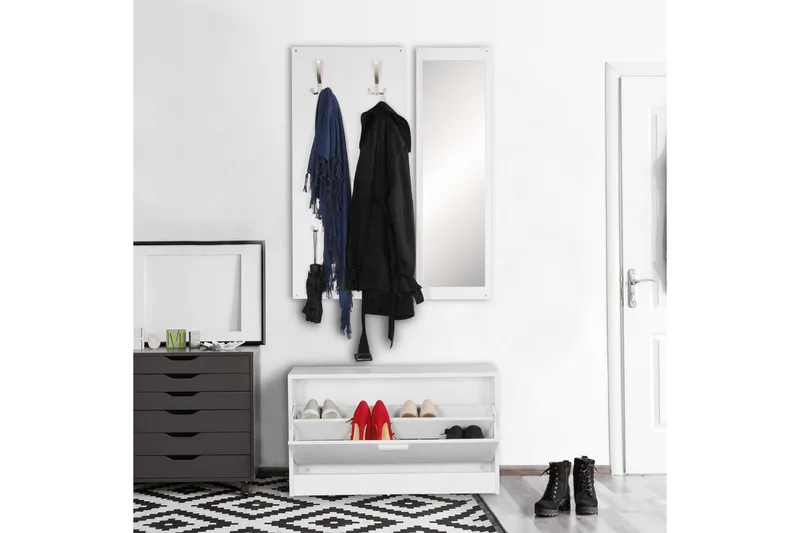Garderobe Wohnling Vegghengt knaggrekke med speil, skohylle, sponplate, moderne Hvit - Hvit - Oppbevaring - Klesoppbevaring - Garderober & garderobesystem - Innredning garderobe - Skohylle garderobe
