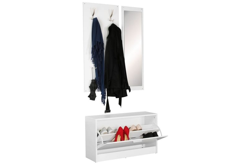 Garderobe Wohnling Vegghengt knaggrekke med speil, skohylle, sponplate, moderne Hvit - Hvit - Oppbevaring - Klesoppbevaring - Garderober & garderobesystem - Innredning garderobe - Skohylle garderobe