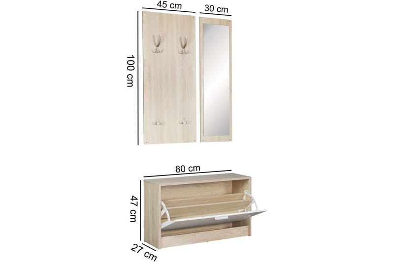 Garderobe Wohnling Vegghengt knaggrekke med speil, skohylle, sponplate, moderne Sonoma - Sonoma - Oppbevaring - Klesoppbevaring - Garderober & garderobesystem - Innredning garderobe - Skohylle garderobe