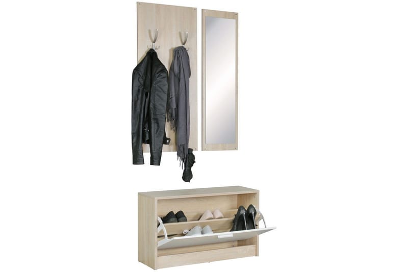 Garderobe Wohnling Vegghengt knaggrekke med speil, skohylle, sponplate, moderne Sonoma - Sonoma - Oppbevaring - Klesoppbevaring - Garderober & garderobesystem - Innredning garderobe - Skohylle garderobe