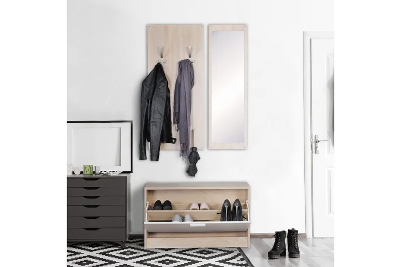 Garderobe Wohnling Vegghengt knaggrekke med speil, skohylle, sponplate, moderne Sonoma - Sonoma - Oppbevaring - Klesoppbevaring - Garderober & garderobesystem - Innredning garderobe - Skohylle garderobe
