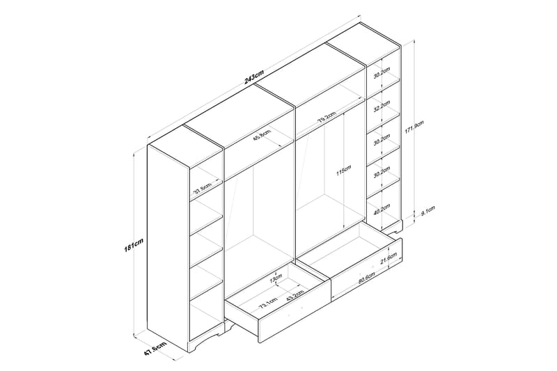 Jaitun Garderobe 243x181 cm Hvit/Brun - Hanah Home - Oppbevaring - Klesoppbevaring - Garderober & garderobesystem