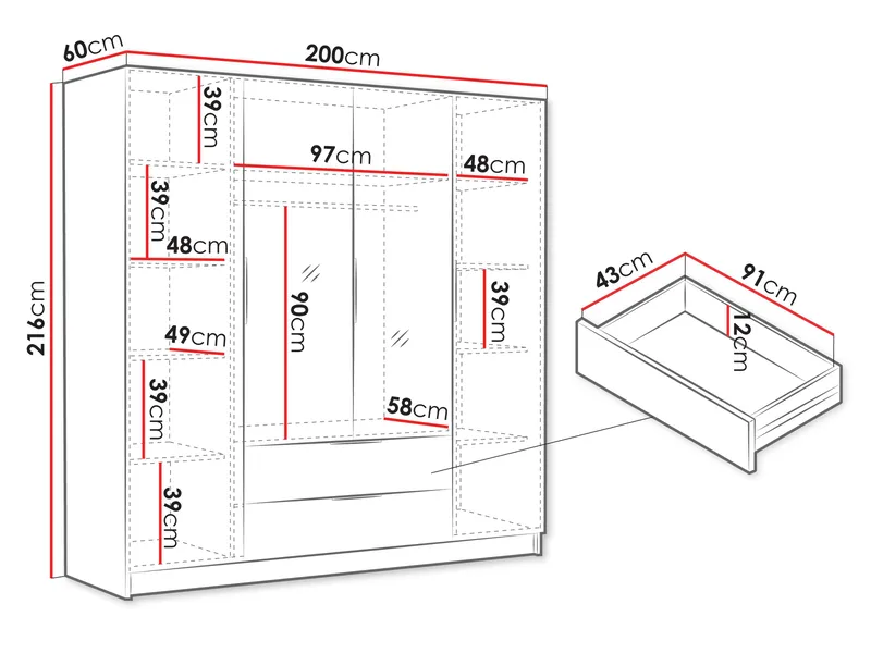 Kelros Garderobeskapeskap med speil 200x216 cm - Hvit - Oppbevaring - Klesoppbevaring - Garderober & garderobesystem
