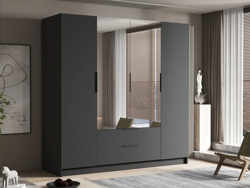 Kelros Garderobeskapeskap med speil 200x216 cm - Svart - Oppbevaring - Klesoppbevaring - Garderober & garderobesystem