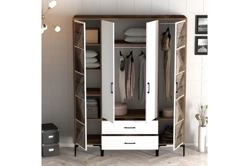 Kumsal Garderobe 160 cm - Hvit/Brun - Oppbevaring - Klesoppbevaring - Garderober & garderobesystem