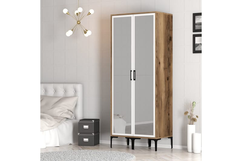 Kumsal Garderobe med Speil - Brun/Hvit - Oppbevaring - Klesoppbevaring - Garderober & garderobesystem