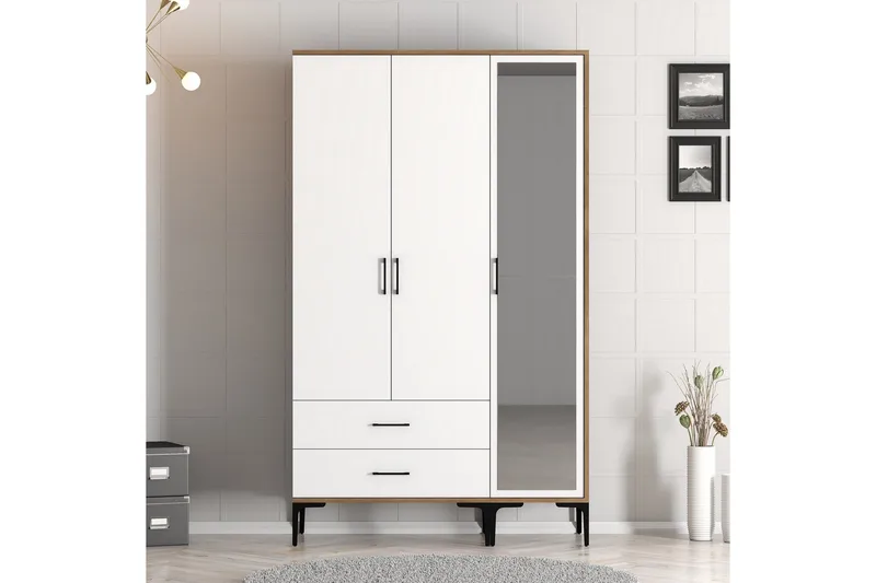 Kumsal Garderobe med Speil - Brun/Hvit - Oppbevaring - Klesoppbevaring - Garderober & garderobesystem