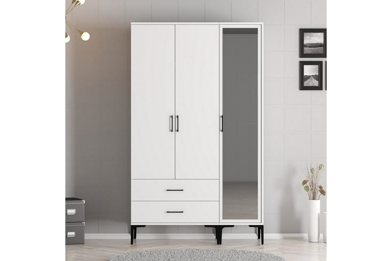Kumsal Garderobe med Speil i Tre - Hvit - Oppbevaring - Klesoppbevaring - Garderober & garderobesystem