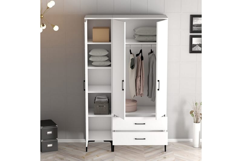 Kumsal Garderobe med Speil i Tre - Hvit - Oppbevaring - Klesoppbevaring - Garderober & garderobesystem