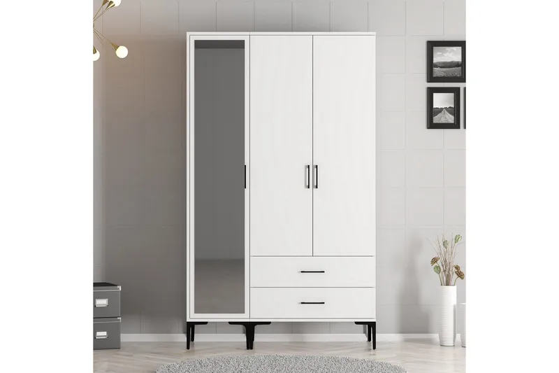 Kumsal Garderobe med Speil i Tre, Hvit