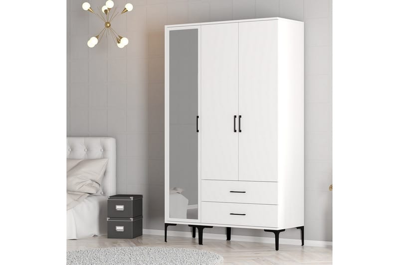 Kumsal Garderobe med Speil i Tre - Hvit - Oppbevaring - Klesoppbevaring - Garderober & garderobesystem
