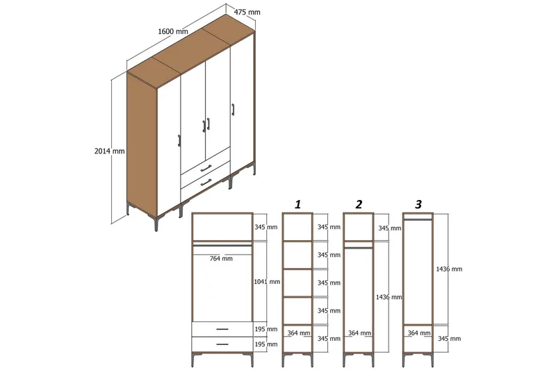 Kumsal Garderobeskap 160 cm i Malt Tre - Hvit - Oppbevaring - Klesoppbevaring - Garderober & garderobesystem