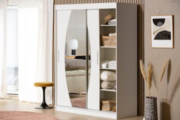 Leila Garderobe 150 cm med Skyvedør Rundt Speil | Hvit - Hvit - Oppbevaring - Klesoppbevaring - Garderober & garderobesystem