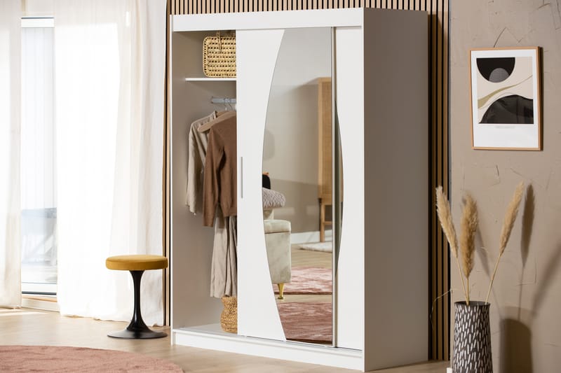 Leila Garderobe 150 cm med Skyvedør Rundt Speil | Hvit - Hvit - Oppbevaring - Klesoppbevaring - Garderober & garderobesystem