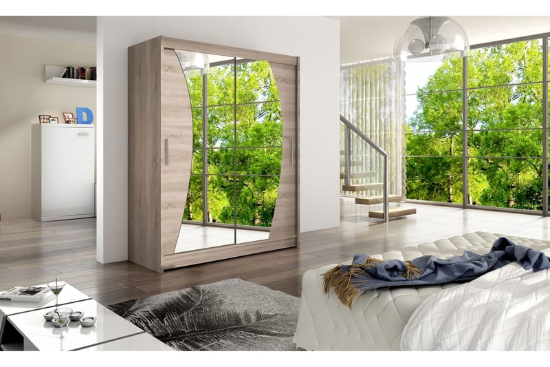 Leila Garderobe 150 cm Skyvedører Bøyd Speil - Eik - Oppbevaring - Klesoppbevaring - Garderober & garderobesystem