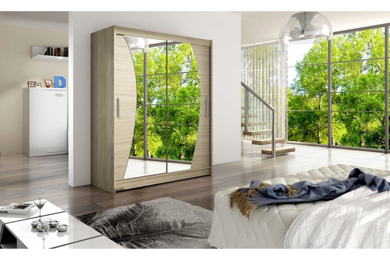 Leila Garderobe 150 cm Skyvedører Bøyd Speil - Eik - Oppbevaring - Klesoppbevaring - Garderober & garderobesystem