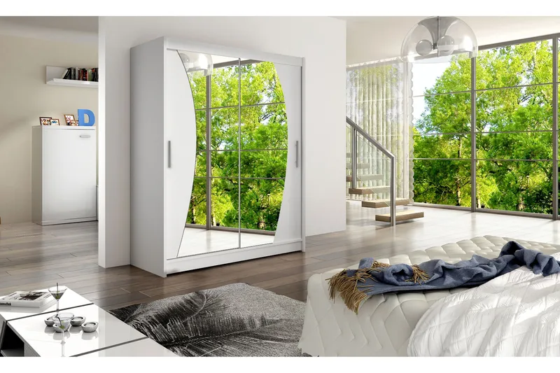 Leila Garderobe 150 cm Skyvedører Bøyd Speil - Hvit - Oppbevaring - Klesoppbevaring - Garderober & garderobesystem