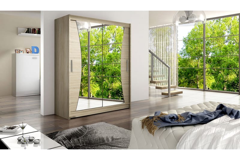 Leila Garderobe 150 cm Skyvedører Buet Speil - Eik - Oppbevaring - Klesoppbevaring - Garderober & garderobesystem