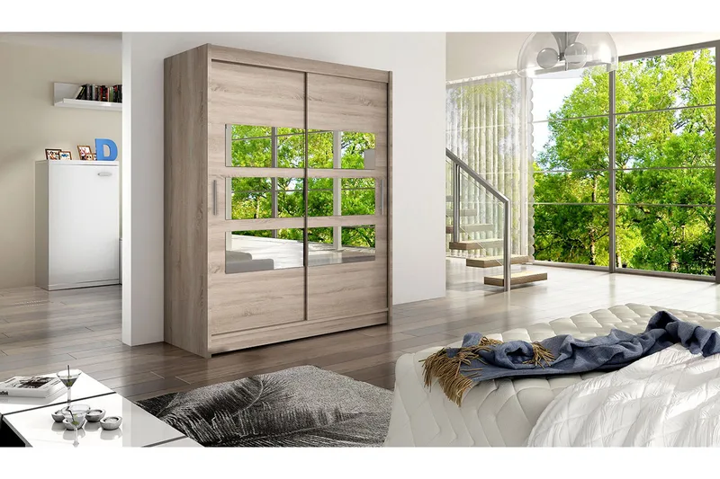 Leila Garderobe 150 cm Skyvedører Delt Speil - Eik - Oppbevaring - Klesoppbevaring - Garderober & garderobesystem