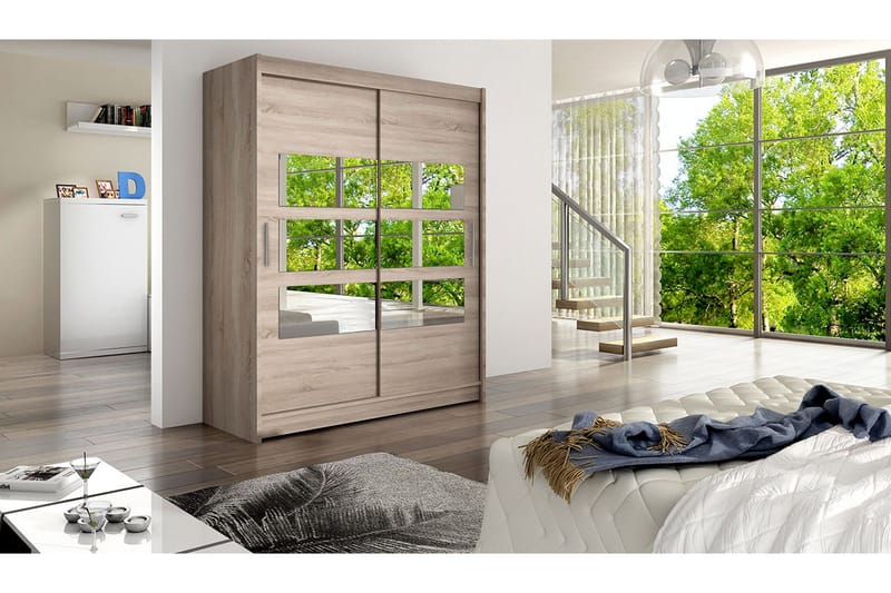 Leila Garderobe 150 cm Skyvedører Delt Speil - Eik - Oppbevaring - Klesoppbevaring - Garderober & garderobesystem