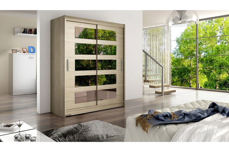 Leila Garderobe 150 cm Skyvedører Delt Speil - Lys Eik - Oppbevaring - Klesoppbevaring - Garderober & garderobesystem