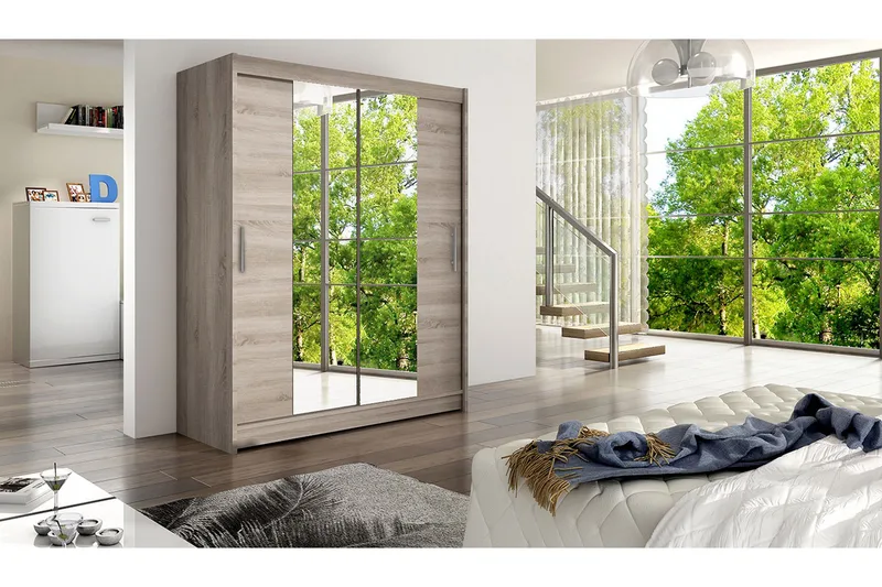 Leila Garderobe 150 cm Skyvedører Smalt Speil - Eik - Oppbevaring - Klesoppbevaring - Garderober & garderobesystem