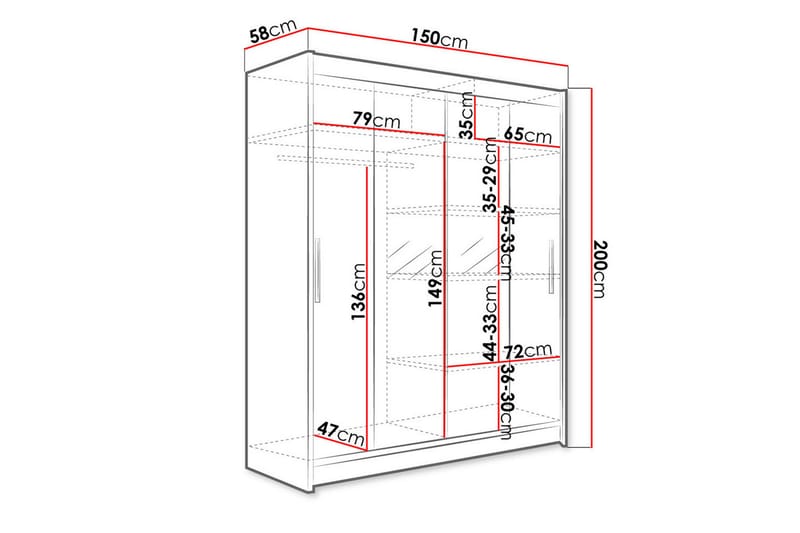 Leila Garderobe 150 cm Skyvedører Smalt Speil - Eik - Oppbevaring - Klesoppbevaring - Garderober & garderobesystem