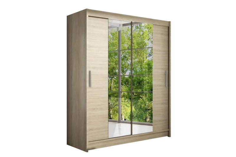 Leila Garderobe 150 cm Skyvedører Smalt Speil - Lys Eik - Oppbevaring - Klesoppbevaring - Garderober & garderobesystem