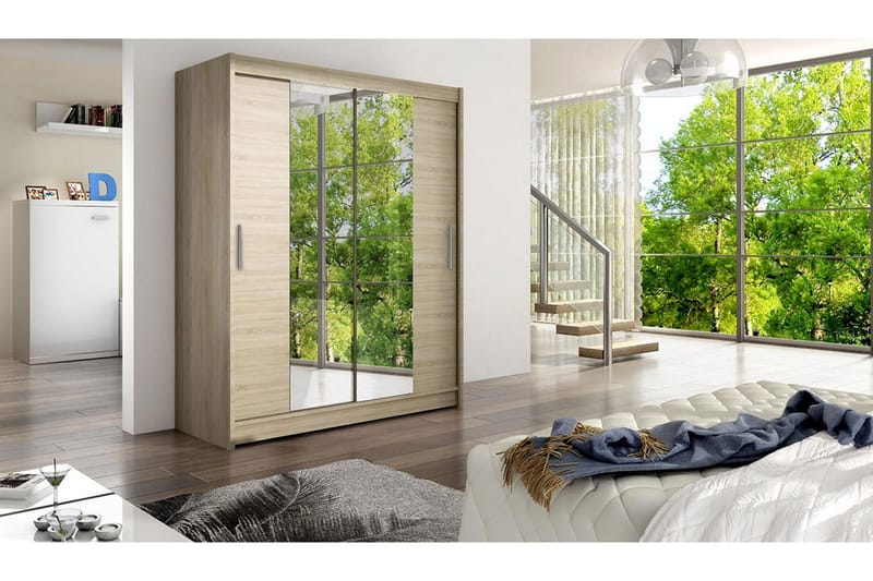 Leila Garderobe 150 cm Skyvedører Smalt Speil - Lys Eik - Oppbevaring - Klesoppbevaring - Garderober & garderobesystem