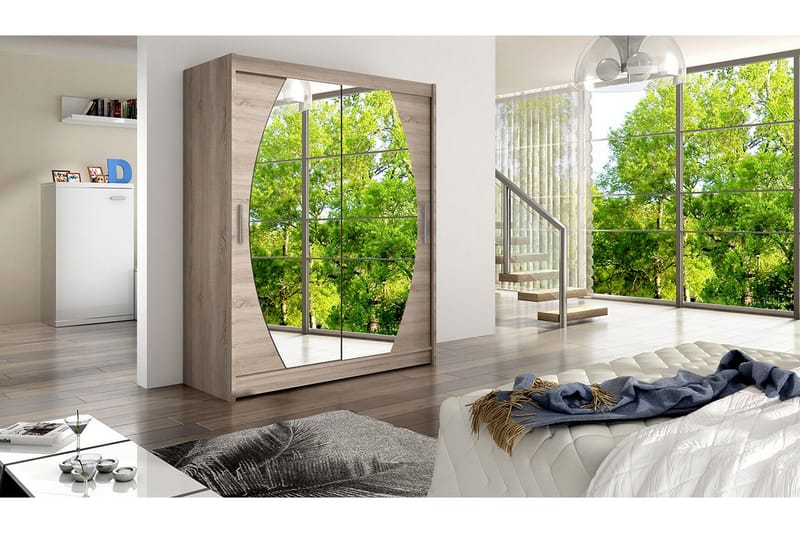 Leila Garderobe Skyvedører Rundtt Speil - Eik - Oppbevaring - Klesoppbevaring - Garderober & garderobesystem