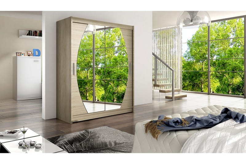 Leila Garderobe Skyvedører Rundtt Speil - Lys Eik - Oppbevaring - Klesoppbevaring - Garderober & garderobesystem