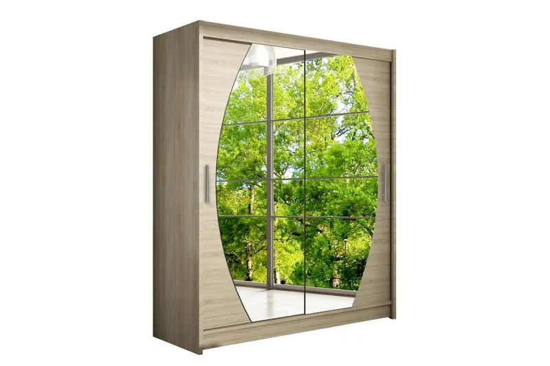 Leila Garderobe Skyvedører Rundtt Speil, Lys Eik