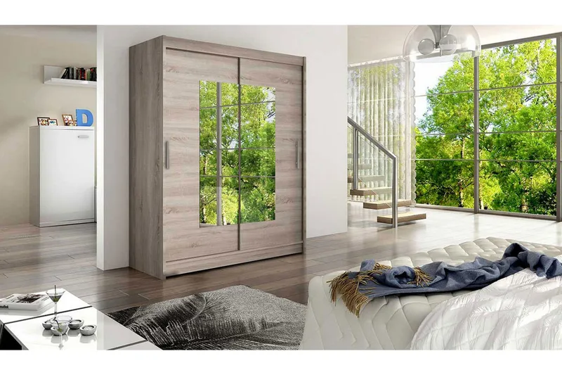 Leila Garderobe Skyvedører Smaltt Firekantet Speil - Eik - Oppbevaring - Klesoppbevaring - Garderober & garderobesystem