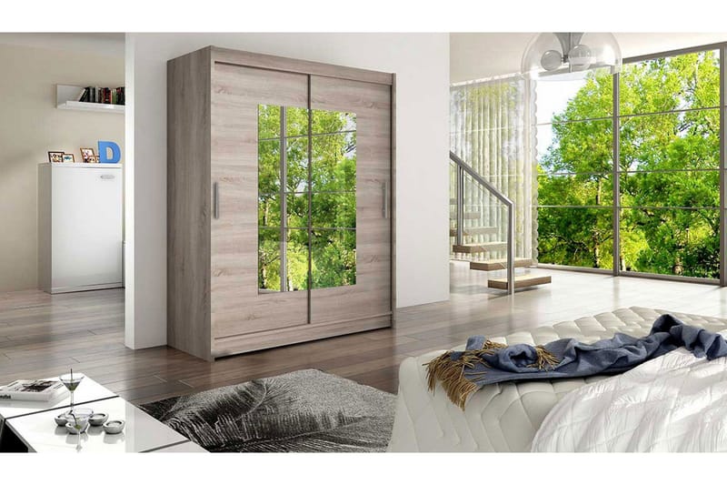 Leila Garderobe Skyvedører Smaltt Firekantet Speil - Eik - Oppbevaring - Klesoppbevaring - Garderober & garderobesystem