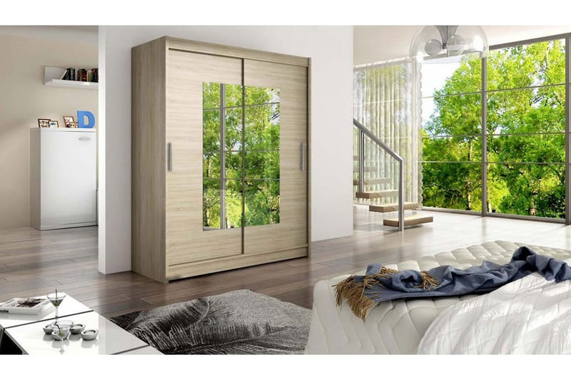 Leila Garderobe Skyvedører Smaltt Firekantet Speil - Lys Eik - Oppbevaring - Klesoppbevaring - Garderober & garderobesystem