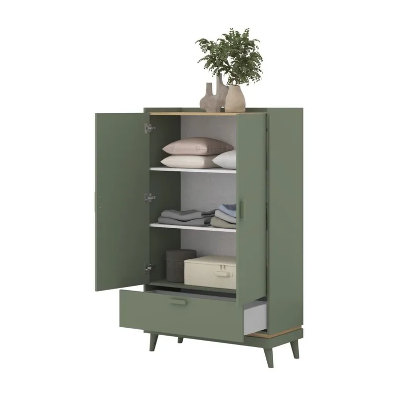 Linskap Scandi 2 dører 1 skuff - Falmet grønn - Oljet eik - Oppbevaring - Klesoppbevaring - Garderober & garderobesystem - Garderobeskap & klesskap