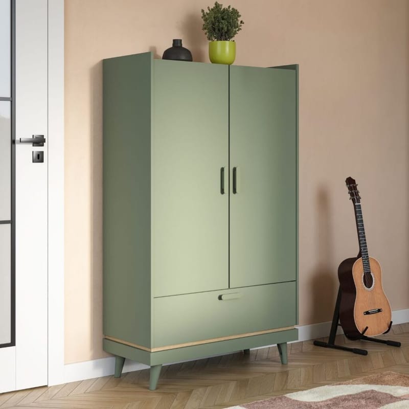 Linskap Scandi 2 dører 1 skuff - Falmet grønn - Oljet eik - Oppbevaring - Klesoppbevaring - Garderober & garderobesystem - Garderobeskap & klesskap