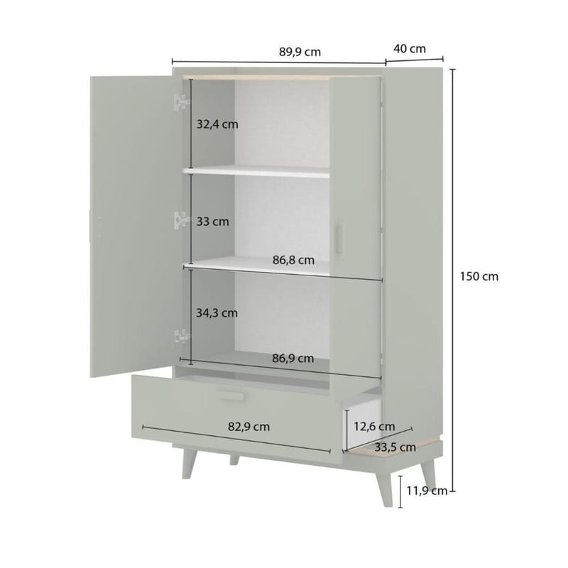 Linskap Scandi 2 dører 1 skuff - Falmet grønn - Oljet eik - Oppbevaring - Klesoppbevaring - Garderober & garderobesystem - Garderobeskap & klesskap