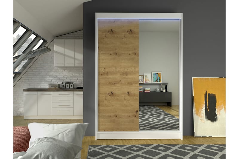 Liverpool Garderobe Med Speil 120x200 cm - Hvit/Brun - Oppbevaring - Klesoppbevaring - Garderober & garderobesystem