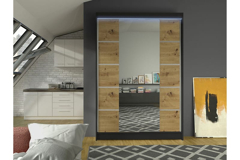 Liverpool Garderobe Med Speil 120x200 cm - Svart/Brun - Oppbevaring - Klesoppbevaring - Garderober & garderobesystem
