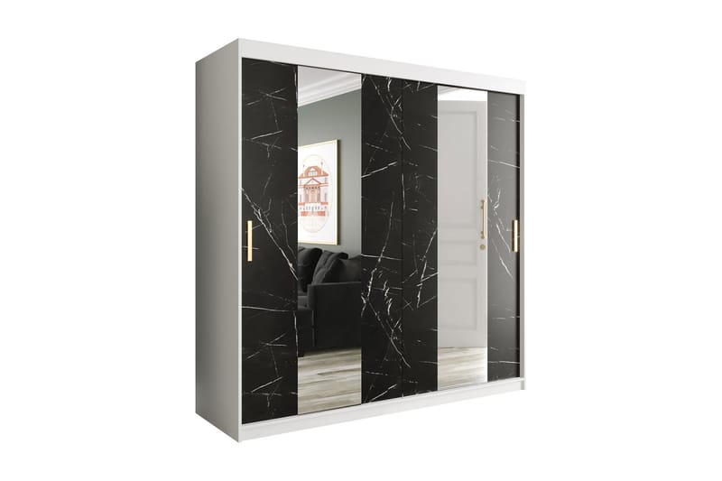 Marmuria Garderob med Speil Midt 200 cm Marmormønster - Hvit/Svart/Gull - Garderober & garderobesystem - Garderobeskap & klesskap